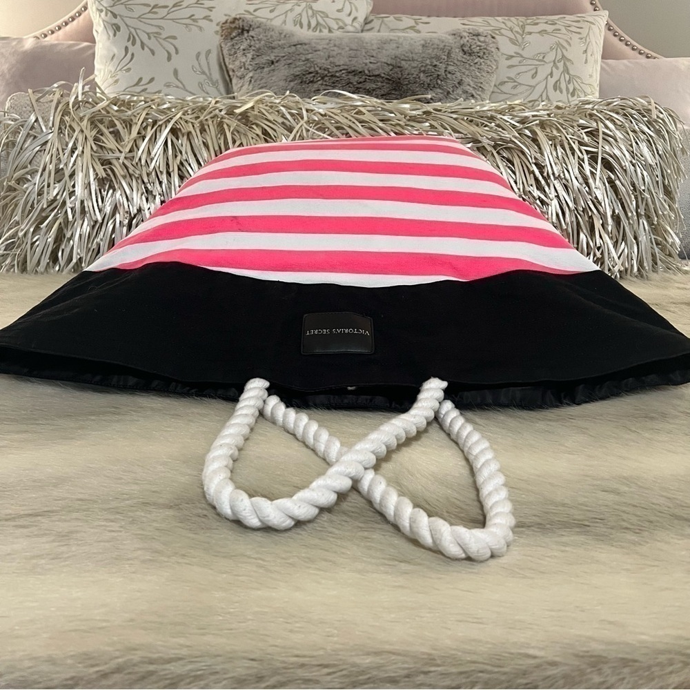 VICTORIA’S SECRET Beach Bag LARGE 2 Rope Handles Canvas Tote Black Pink Striped - Picture 6 of 10